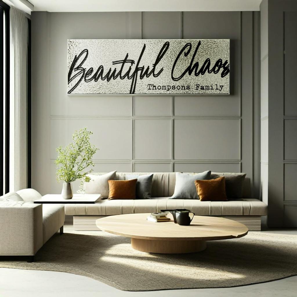 Modern minimal living room with a customized textured 'Beautiful Chaos' last name family sign on the wall.