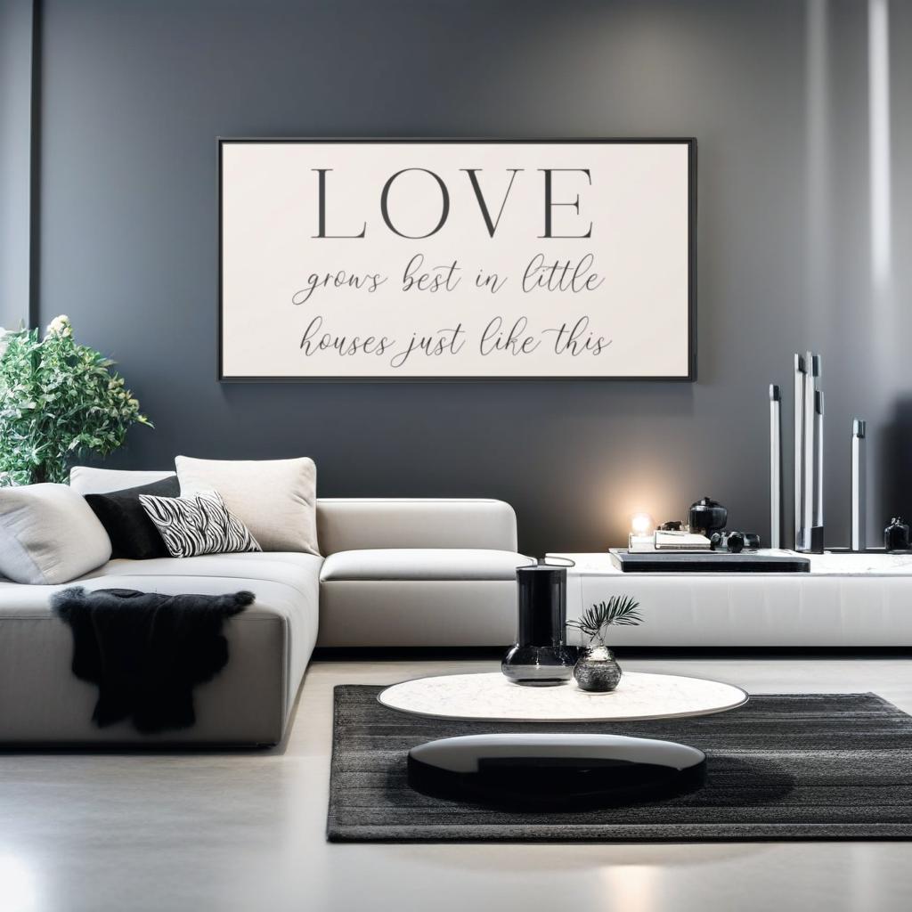 Modern living room with a 'LOVE' framed wall quote, white sofa, and decorative items front view