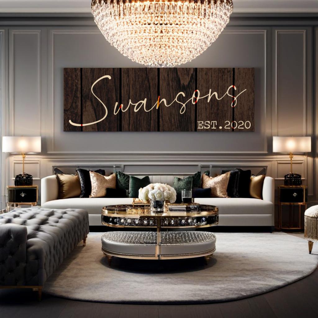 Luxury modern living room with a chandelier, sofa, and customized rustic wooden background decorative wall art with year" Swansons 2020"