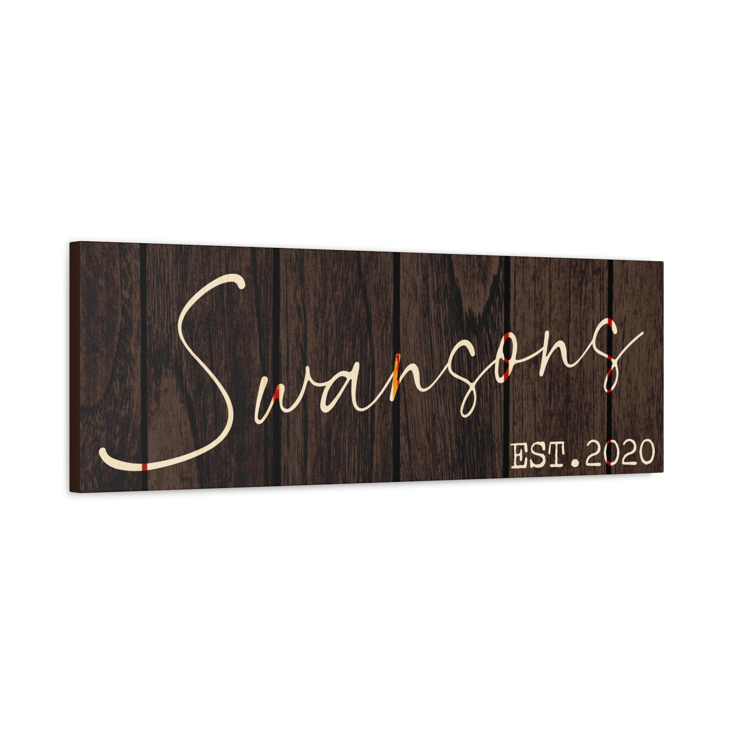 Customized Rustic Wooden sign with 'Swansons EST. 2020' on a white background side view decorative wall art