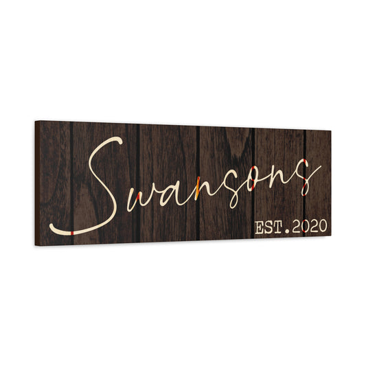 Customized Rustic Wooden sign with 'Swansons EST. 2020' on a white background side view decorative wall art