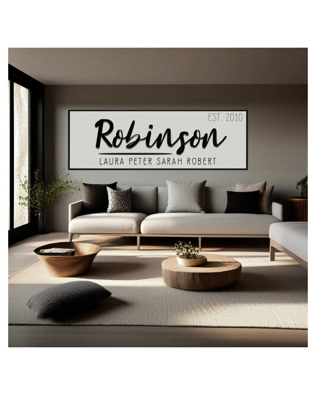 Modern living room with a minimalist customized 'Robinson' family name and year sign on the wall for anniversary and wedding gift