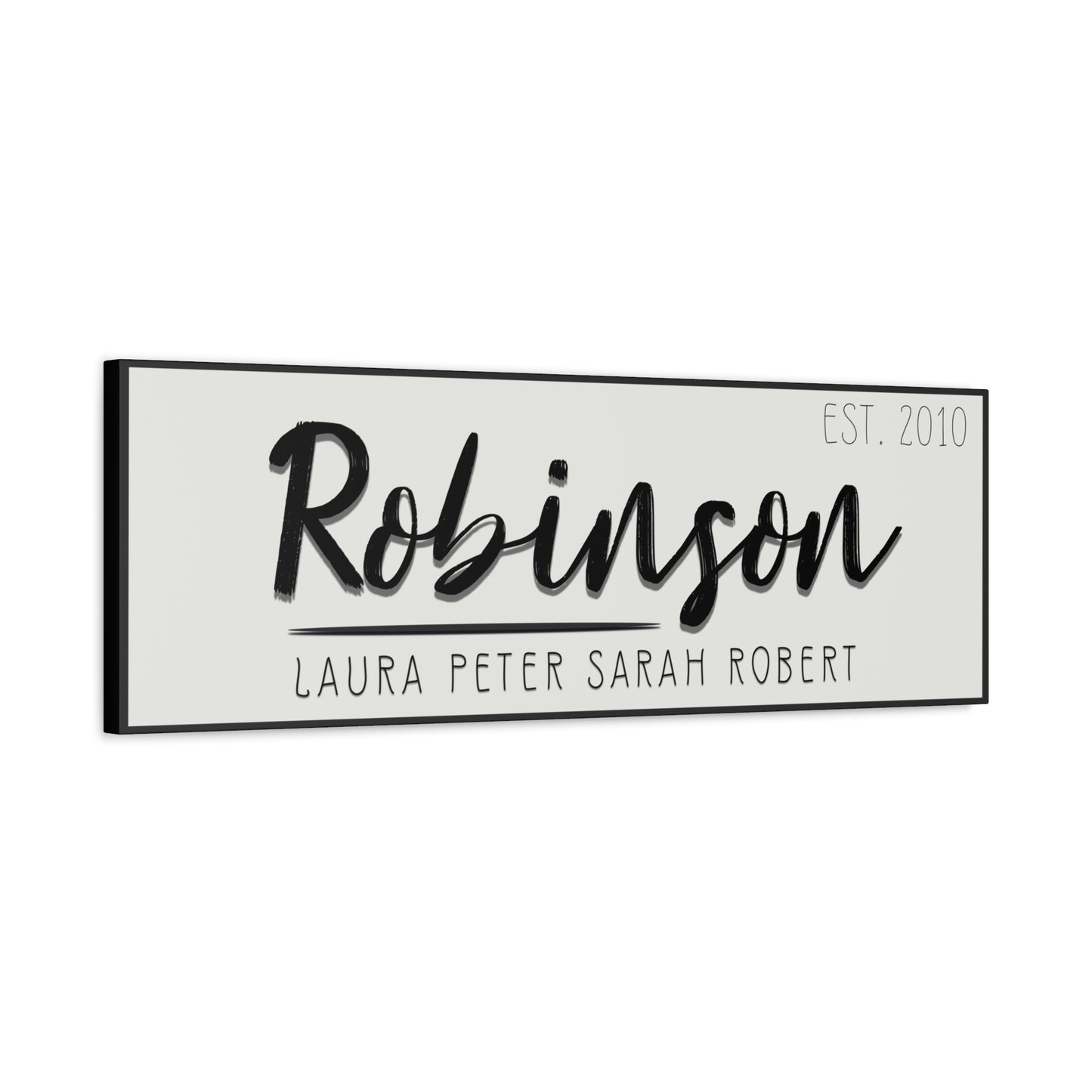 Minimalist customized 'Robinson' family name and year sign on the wall for anniversary and wedding gift on a white background side view