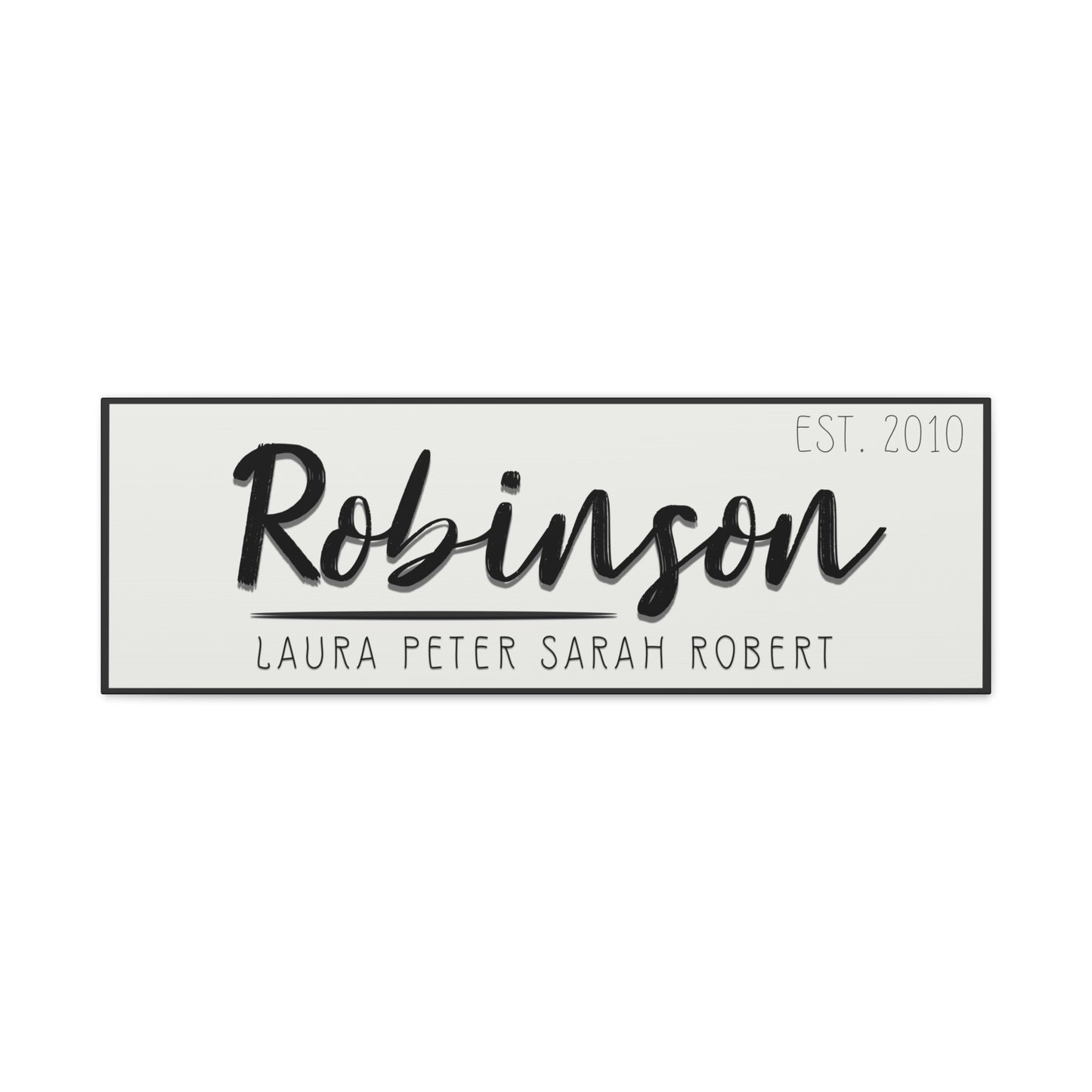 Minimalist customized 'Robinson' family name and year sign on the wall for anniversary and wedding gift on a white background front view