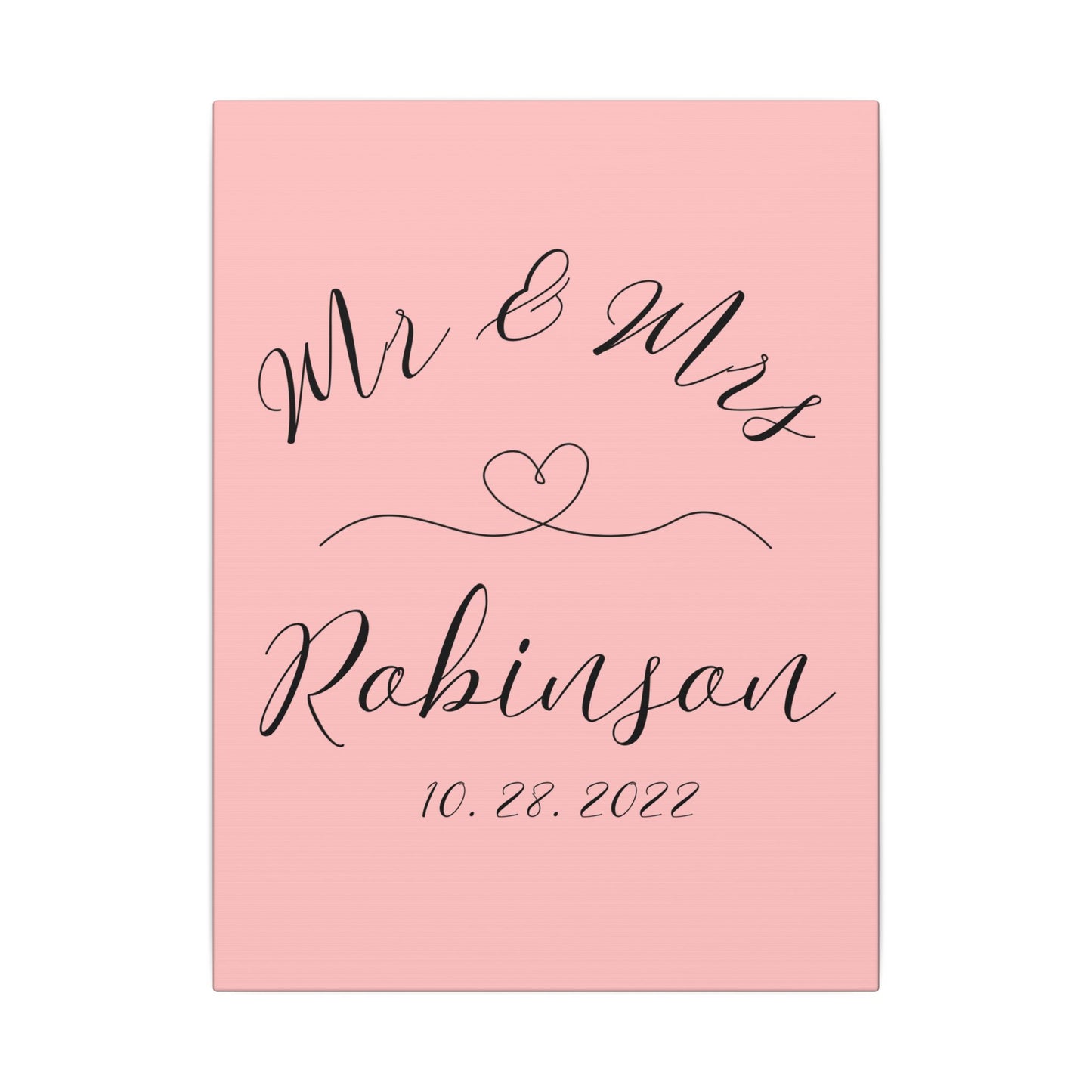 Customized minimal pink Decorative wall art with 'Mr & Mrs Robinson' on a pink backgroundromantic gift for newly weds, anniversary and valentine's day against a white background front view