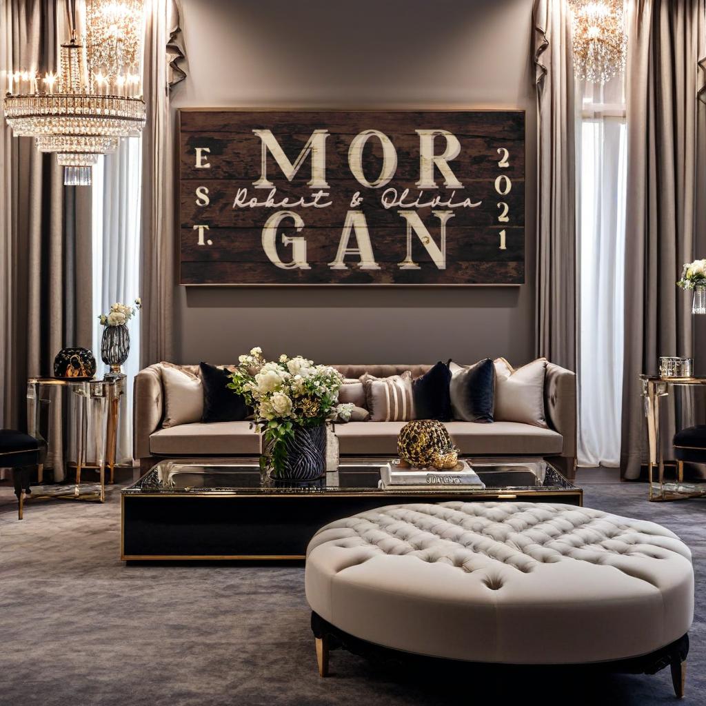 Luxurious living room with a large customized rustic wooden sign with name and year " MORGAN 2021" with couple names