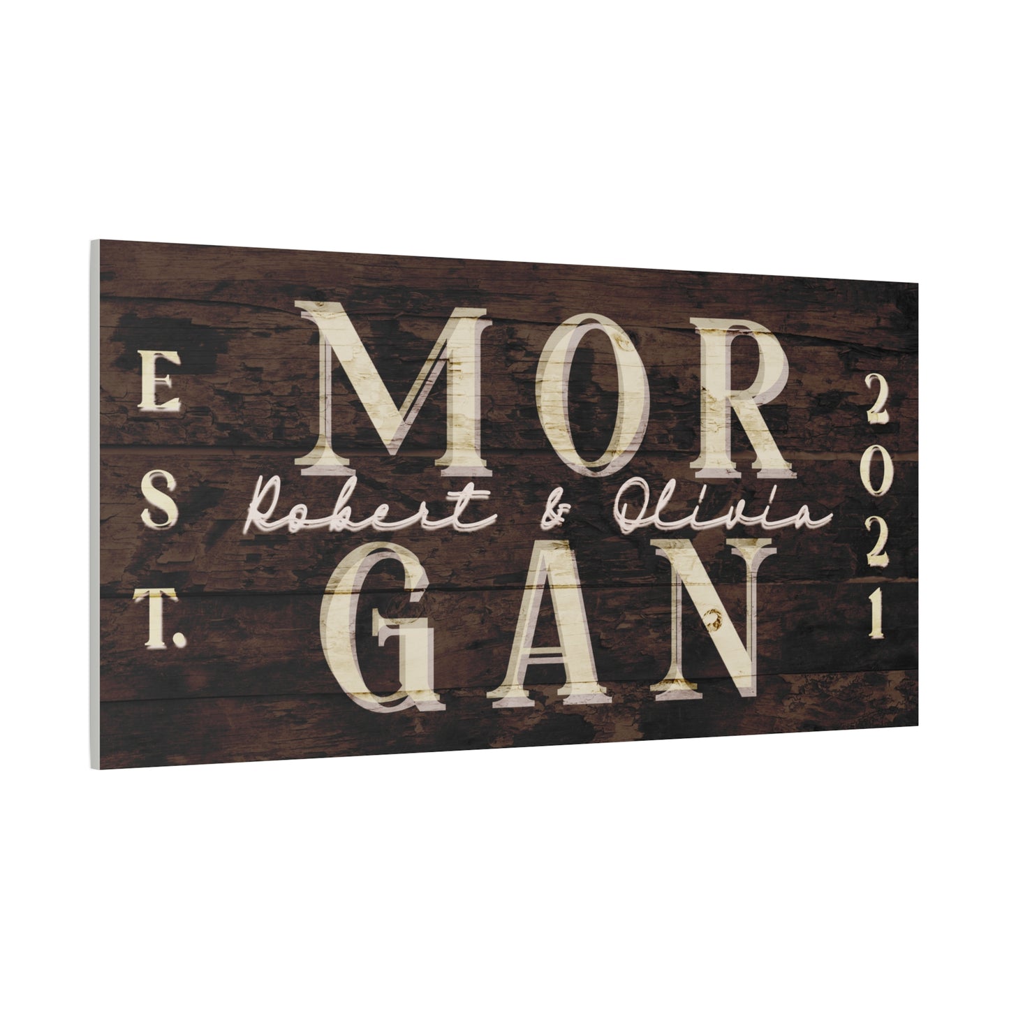 Luxurious living room with a large customized rustic wooden sign with name and year " MORGAN 2021" with couple names against a white background side view