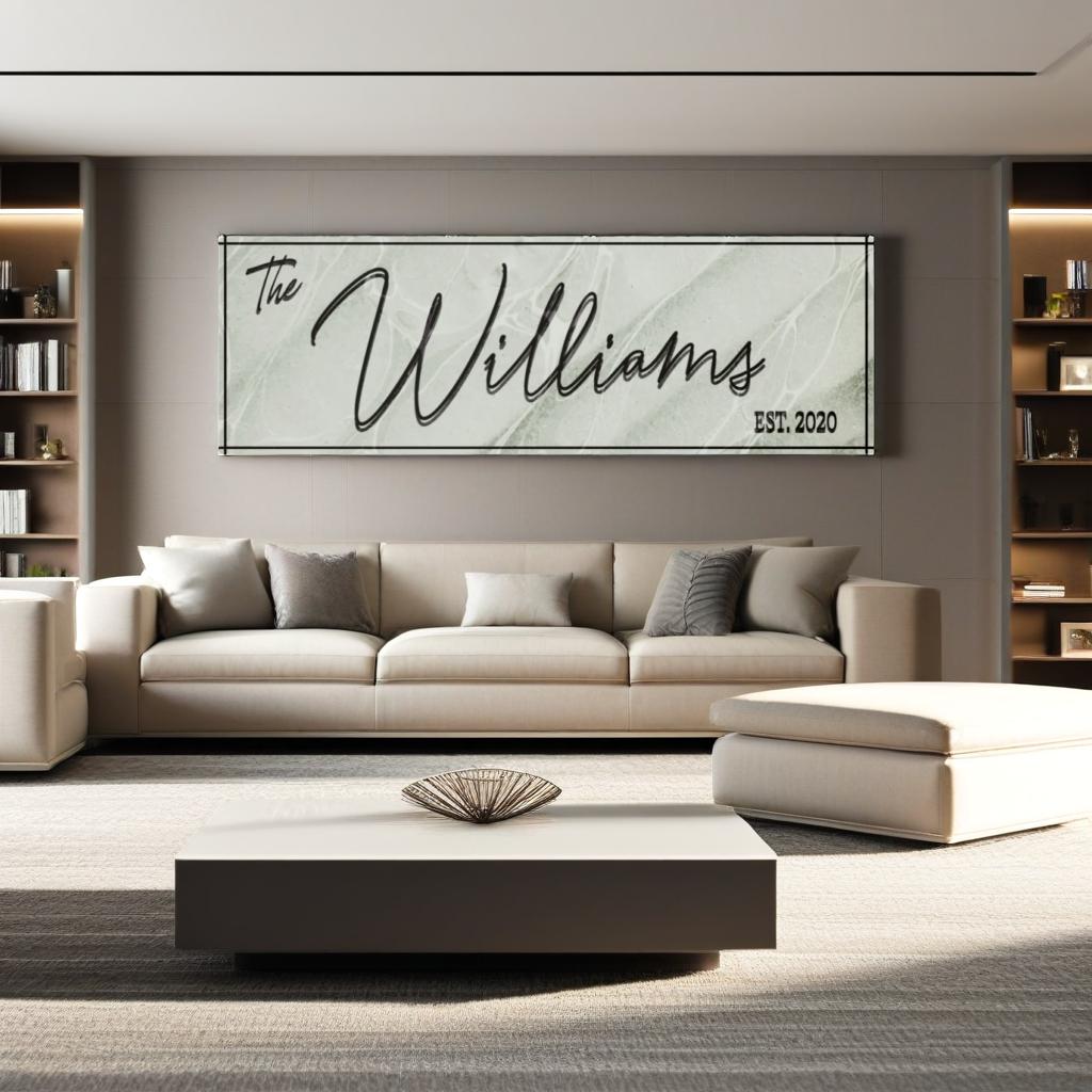 Living room with a customized and decorative textured minimal wall art displaying 'The Williams' name and year