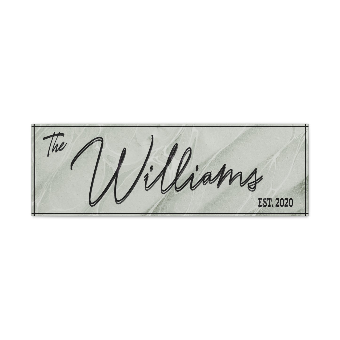 Customized Decorative minimal family sign nameplate with 'The Williams' and 'EST. 2020' text on a marble-like background front view against a white background