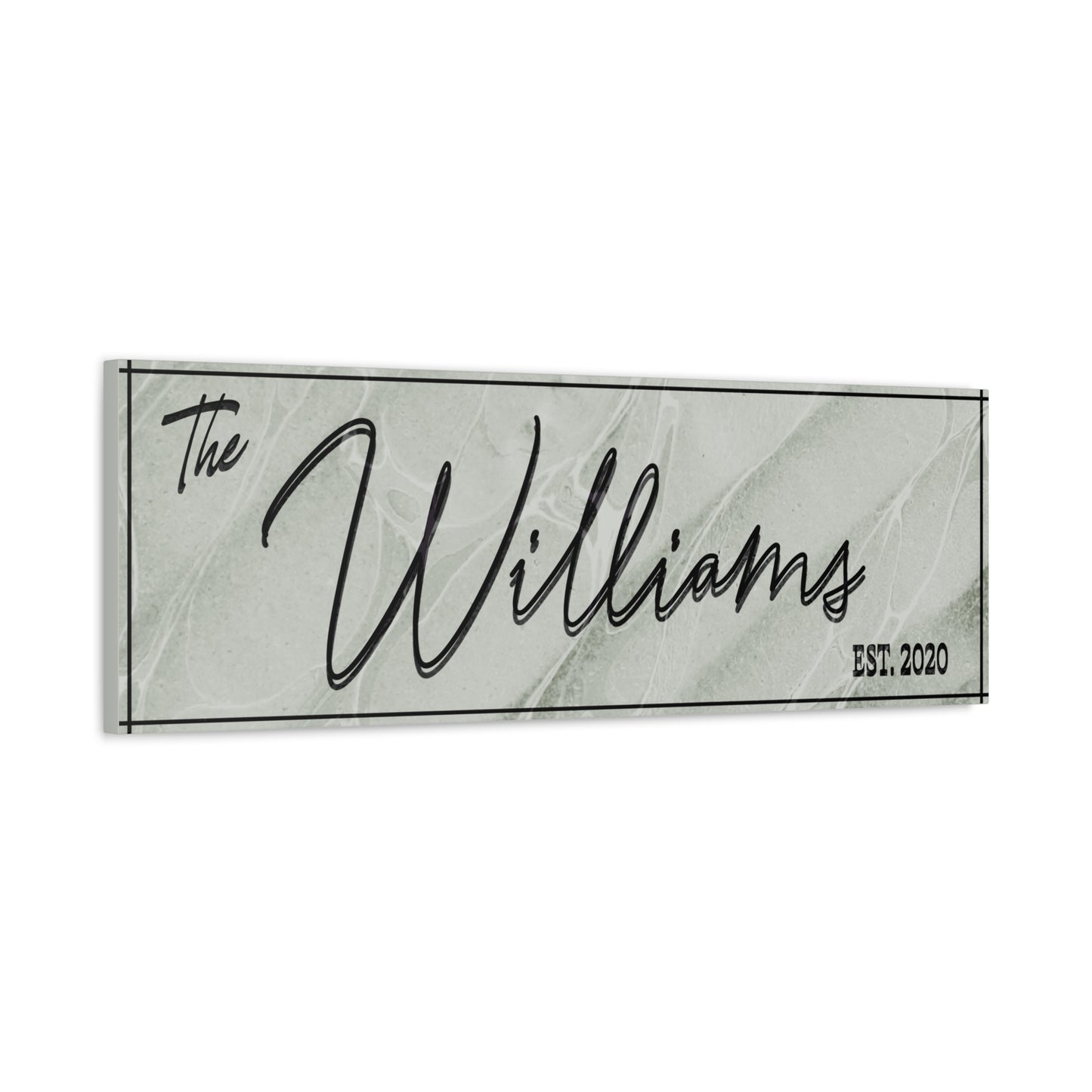 Customized Decorative minimal family sign nameplate with 'The Williams' and 'EST. 2020' text on a marble-like background side view against a white background
