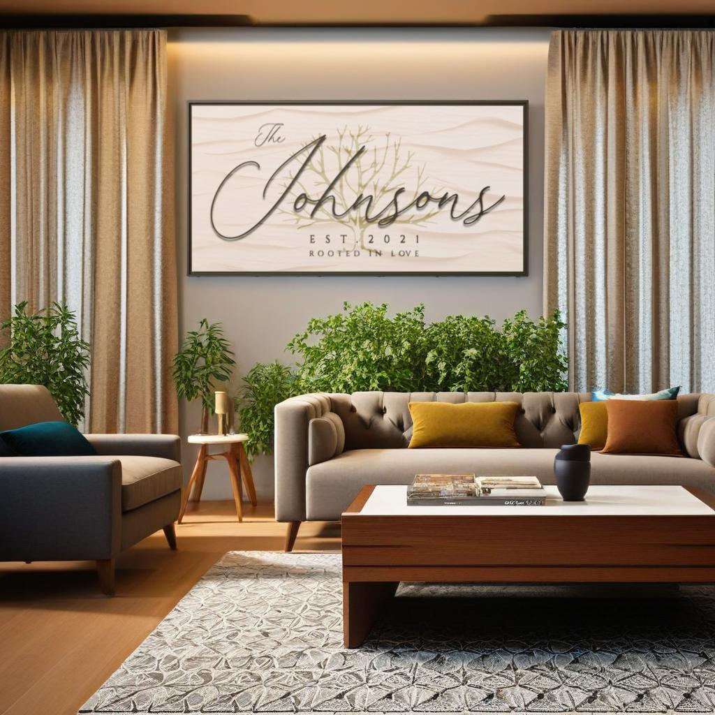 Modern living room with a 'The Johnsons' customized framed minimal wall art