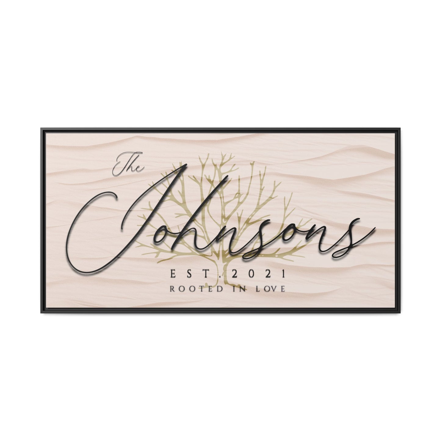 Customized Wooden framed minimalist textured sign with 'The Johnsons' and 'Est. 2021' text on a white background front view