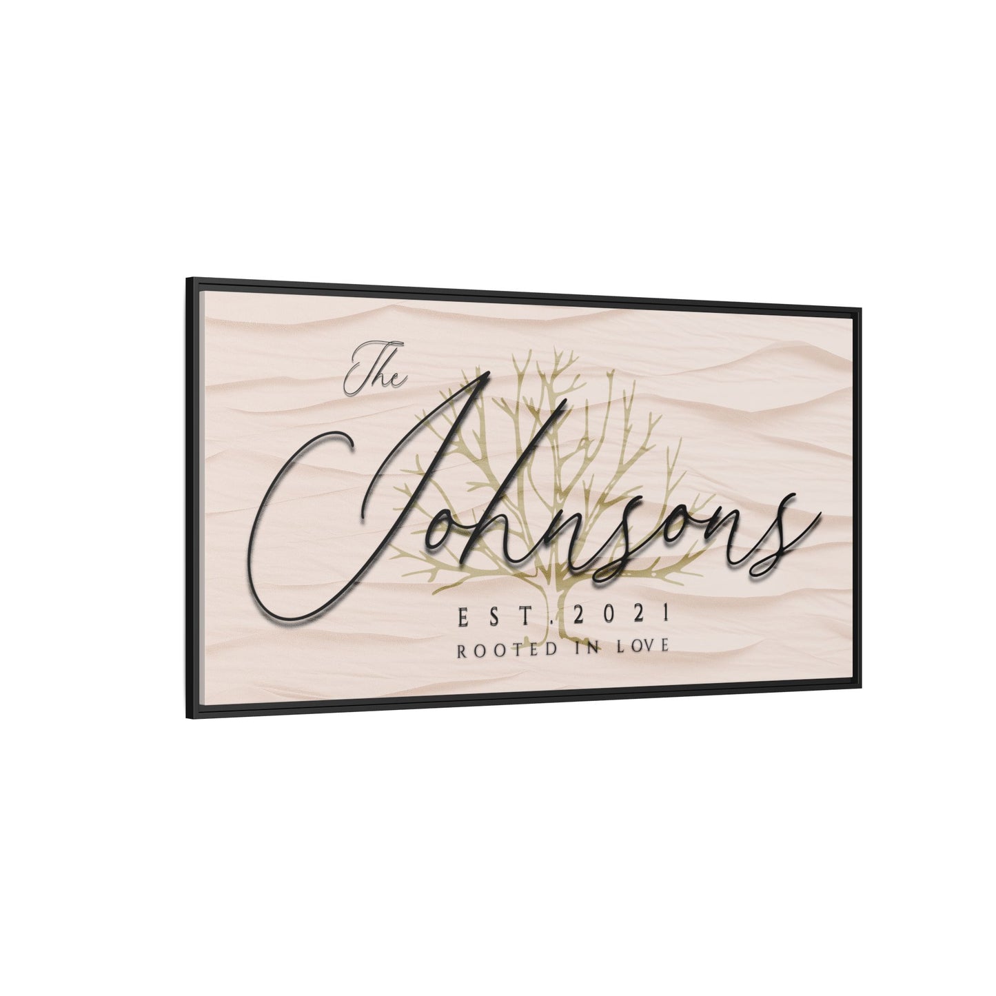 Customized Wooden framed minimalist textured sign with 'The Johnsons' and 'Est. 2021' text on a white background side view