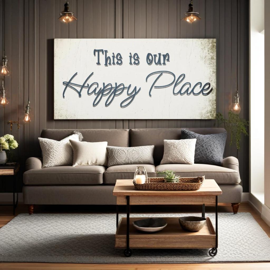 Living room with a gray sofa, wooden coffee table, and 'Happy Place' wall art perfect for farmhouse