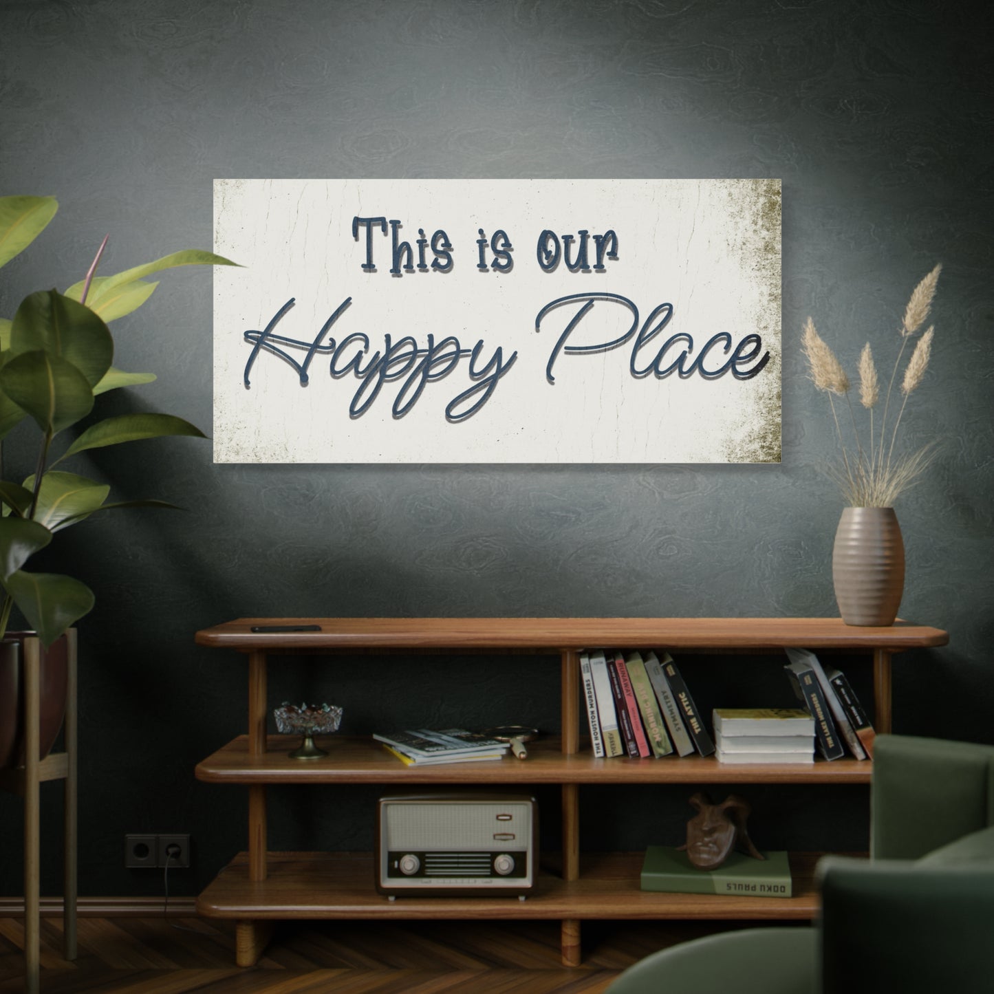 Decorative sign with 'This is our Happy Place' in a living room setting on a dark background farmhouse style