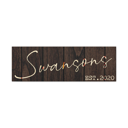 Customized Rustic Wooden sign with 'Swansons EST. 2020' on a white background front view decorative wall art nameplate
