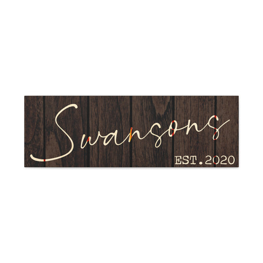 Customized Rustic Wooden sign with 'Swansons EST. 2020' on a white background front view decorative wall art nameplate