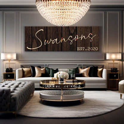 Luxury modern living room with a chandelier, sofa, and customized rustic  wooden background decorative wall art with year" Swansons 2020"