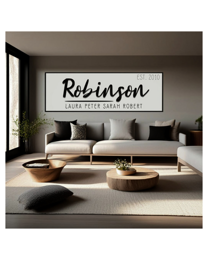 Modern living room with a minimalist customized  'Robinson' family name and year sign on the wall for anniversary and wedding gift
