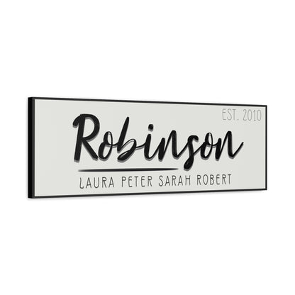 Minimalist customized  'Robinson' family name and year sign on the wall for anniversary and wedding gift on a white background side view