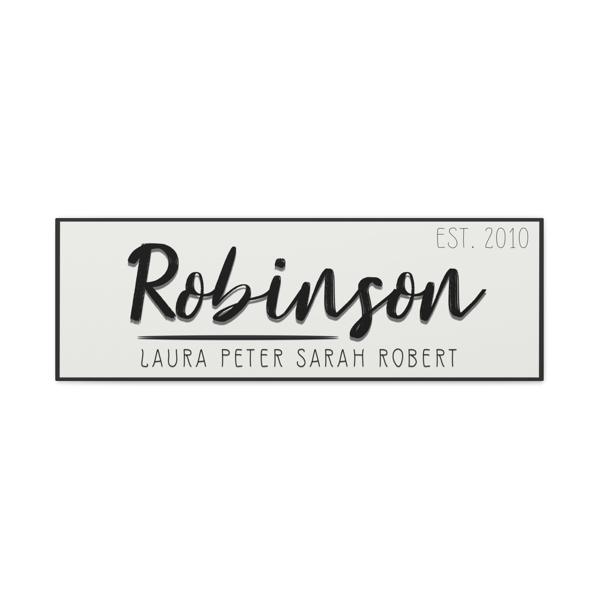 Minimalist customized  'Robinson' family name and year sign on the wall for anniversary and wedding gift on a white background front view