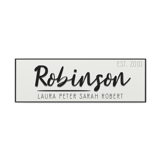 Minimalist customized  'Robinson' family name and year sign on the wall for anniversary and wedding gift on a white background front view