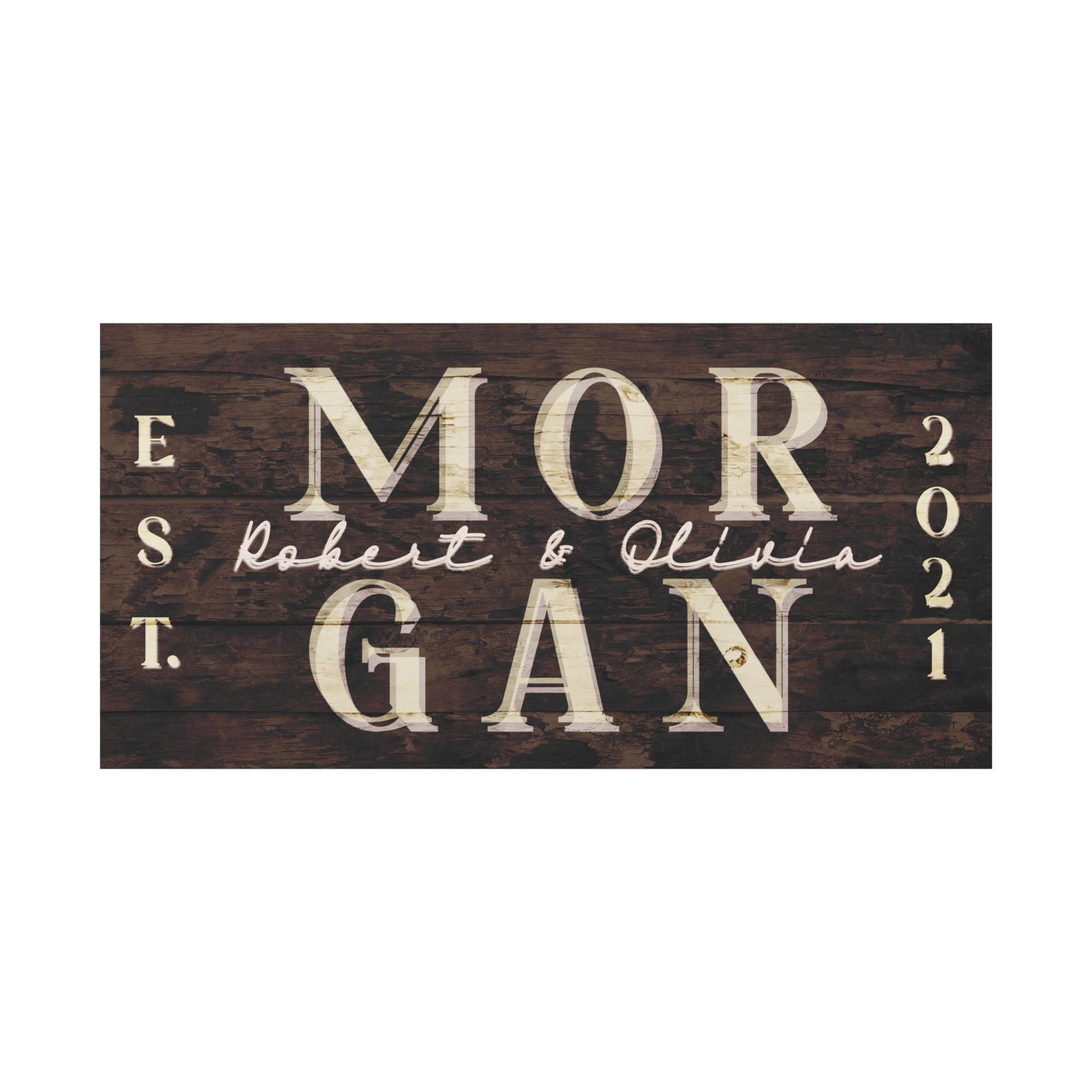 Luxurious living room with a large customized rustic wooden sign with name and year " MORGAN 2021" with couple names against a white background front view