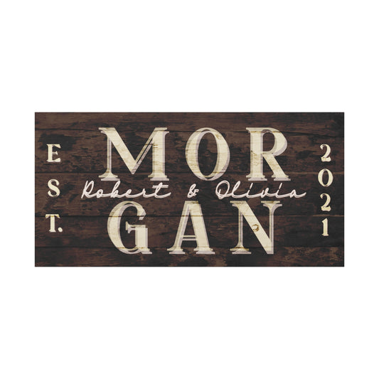 Luxurious living room with a large customized rustic wooden sign with name and year " MORGAN 2021" with couple names against a white background front view