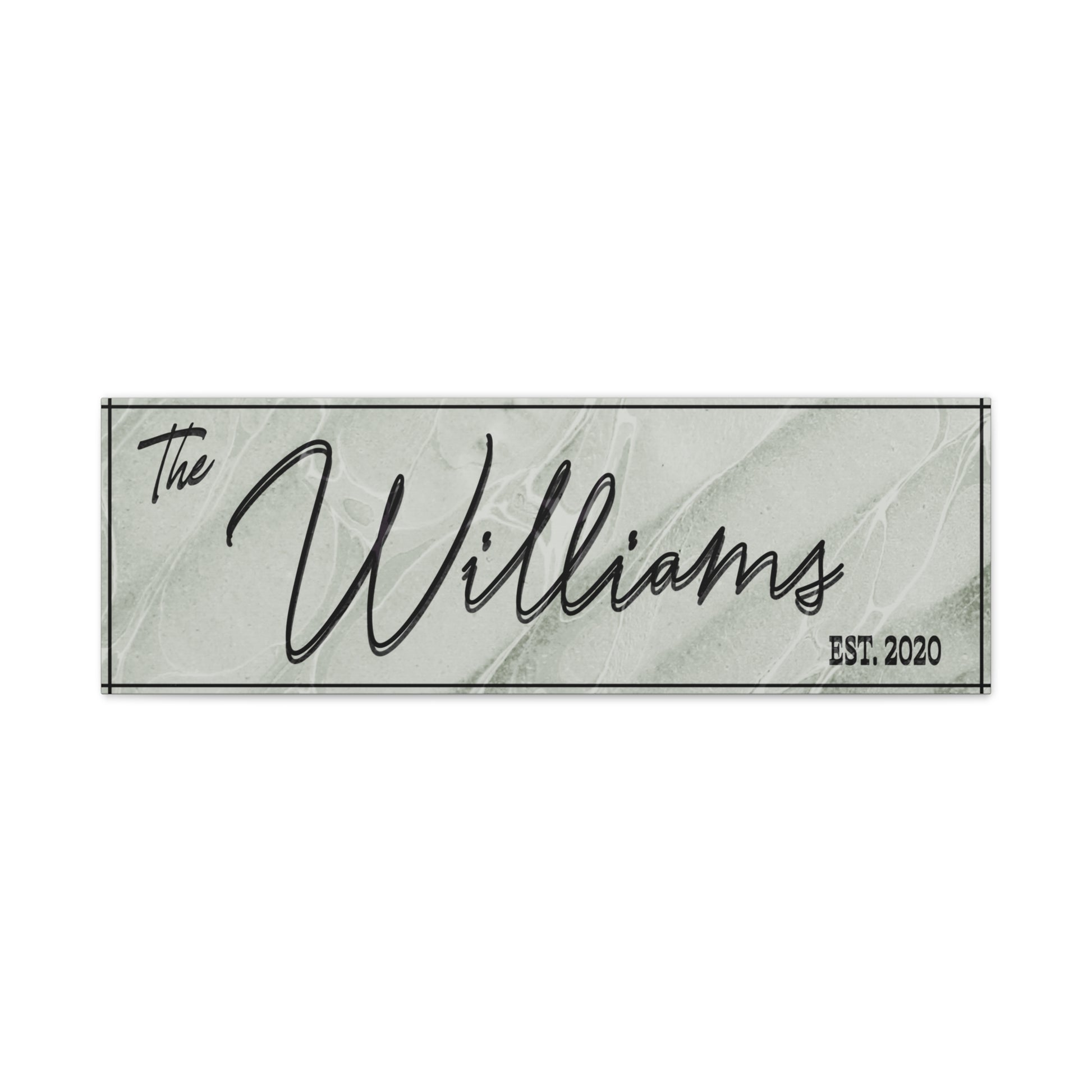  Customized Decorative minimal family sign  nameplate with 'The Williams' and 'EST. 2020' text on a marble-like background front view against a white background