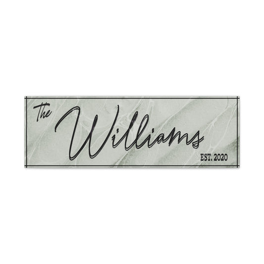  Customized Decorative minimal family sign  nameplate with 'The Williams' and 'EST. 2020' text on a marble-like background front view against a white background