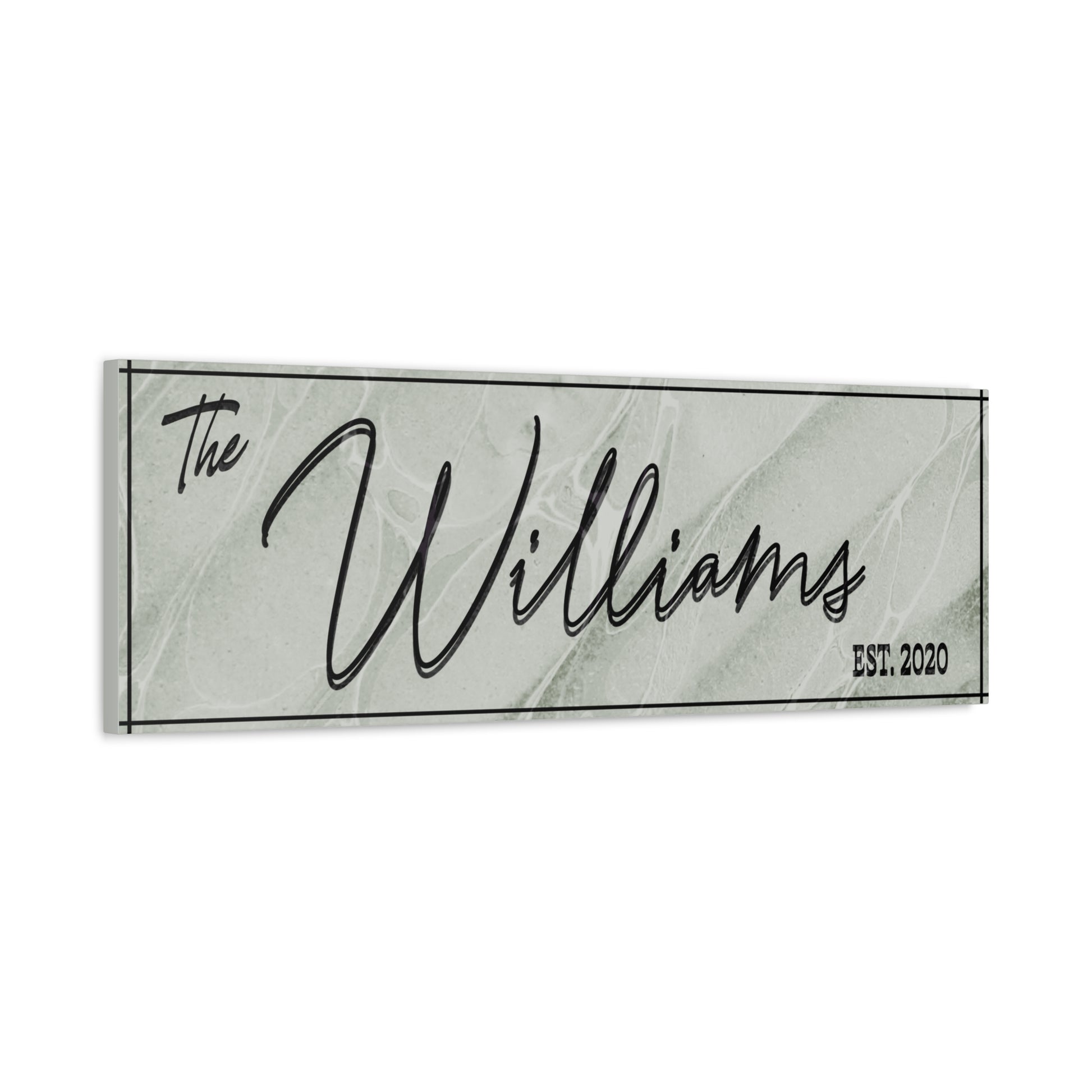  Customized Decorative minimal family sign  nameplate with 'The Williams' and 'EST. 2020' text on a marble-like background side view against a white background