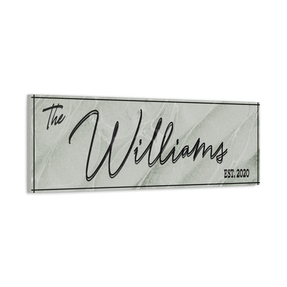  Customized Decorative minimal family sign  nameplate with 'The Williams' and 'EST. 2020' text on a marble-like background side view against a white background