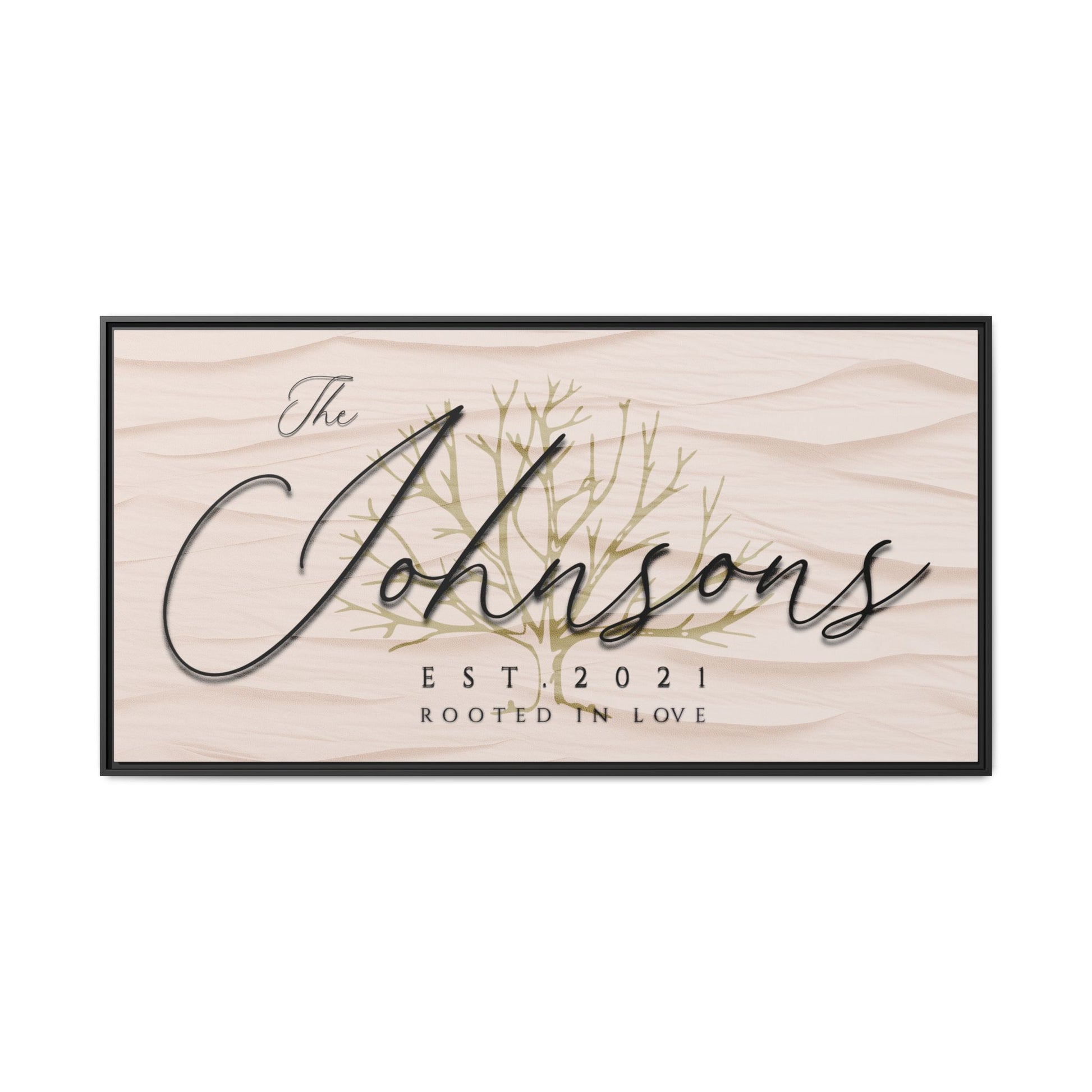  Customized Wooden framed minimalist textured sign with 'The Johnsons' and 'Est. 2021' text on a white background front view