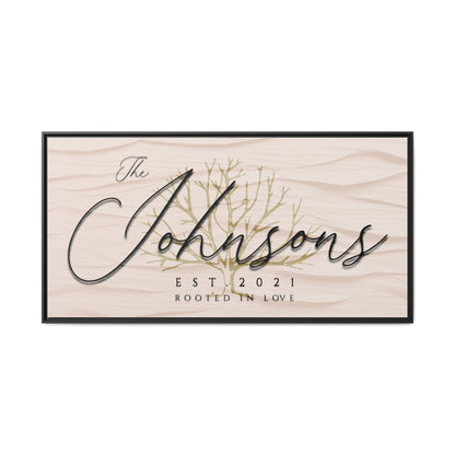  Customized Wooden framed minimalist textured sign with 'The Johnsons' and 'Est. 2021' text on a white background front view