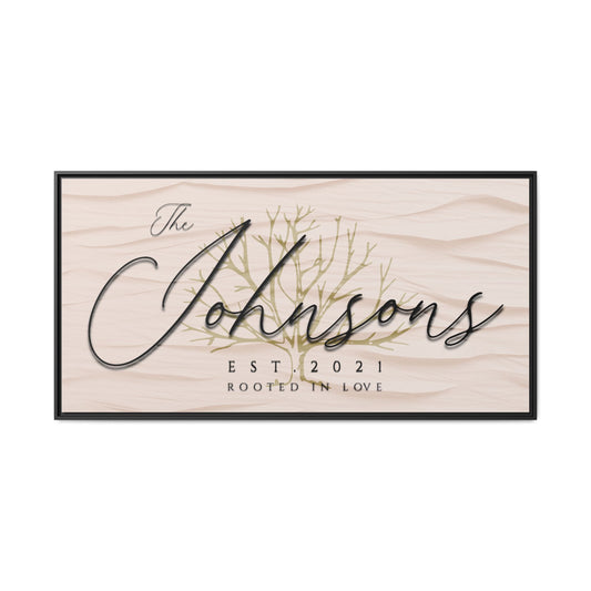 Customized Wooden framed minimalist textured sign with 'The Johnsons' and 'Est. 2021' text on a white background front view