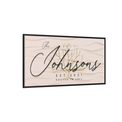  Customized Wooden framed minimalist textured sign with 'The Johnsons' and 'Est. 2021' text on a white background side view