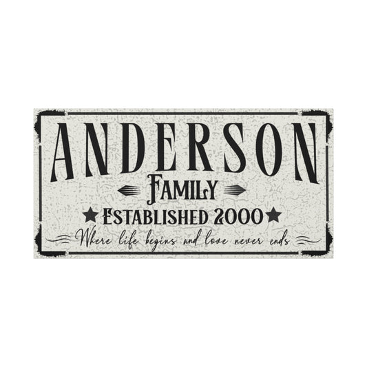 Living room with a beige black vintage rustic decorative  customized name and year family sign reading 'Anderson Family Established 2000' saying- where life begins and love never ends against a white background front view view