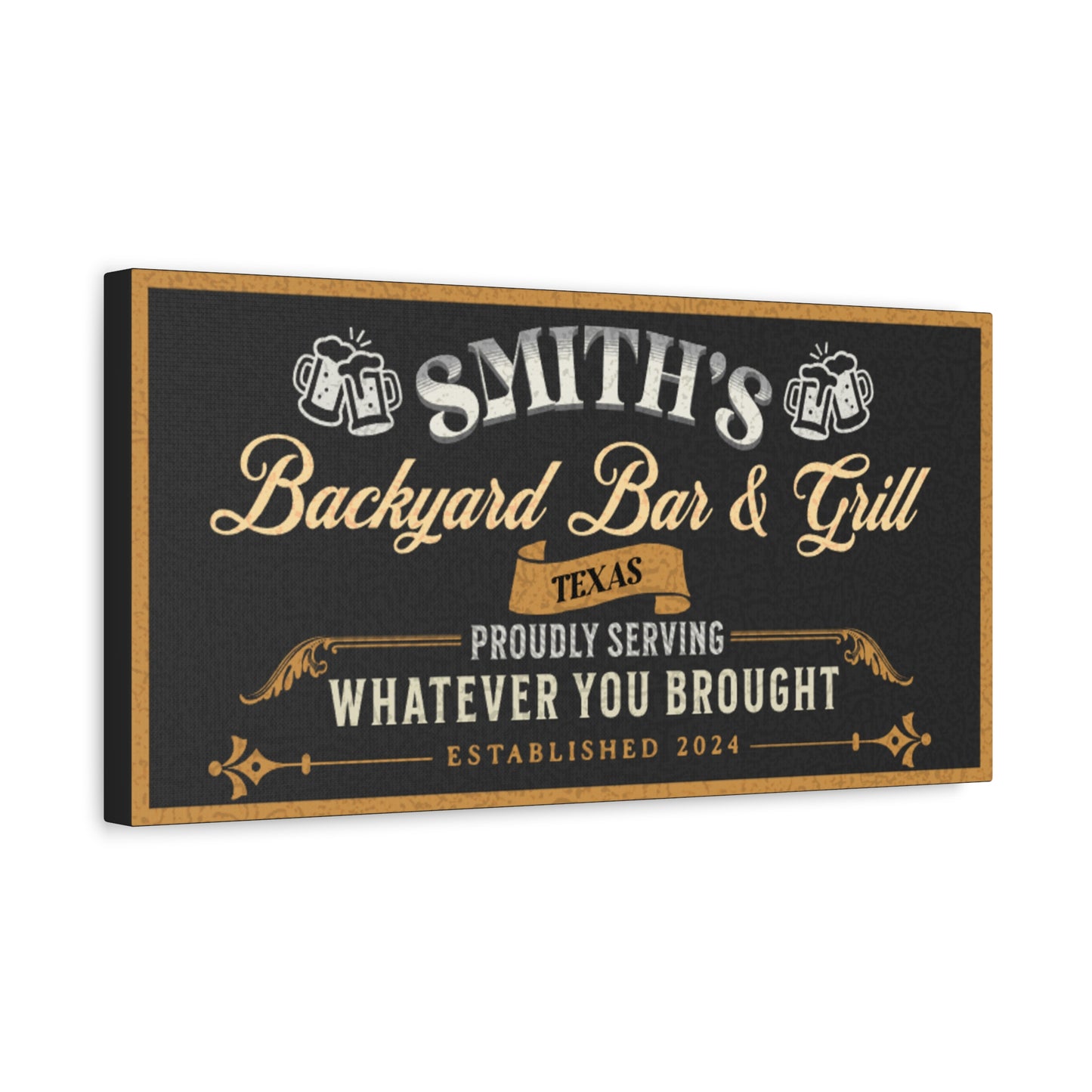 Personalized Vintage Bar Sign with Black Textured Background and Yellow and White text side view