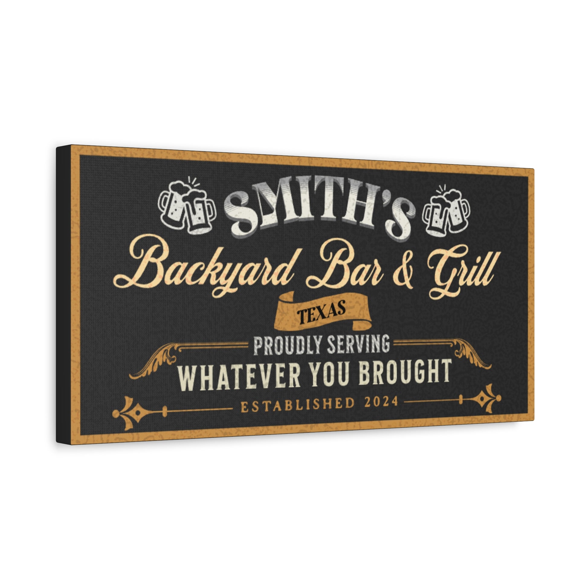 Personalized Vintage Bar Sign with Black Textured Background and Yellow and White text side view