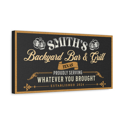 Personalized Vintage Bar Sign with Black Textured Background and Yellow and White text side view