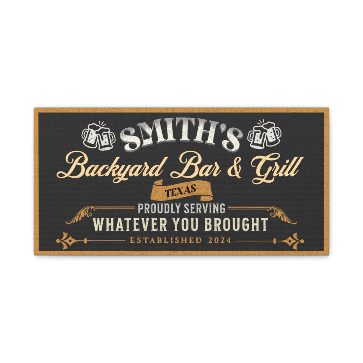 Personalized Vintage Bar Sign with Black Textured Background and Yellow and White text front view