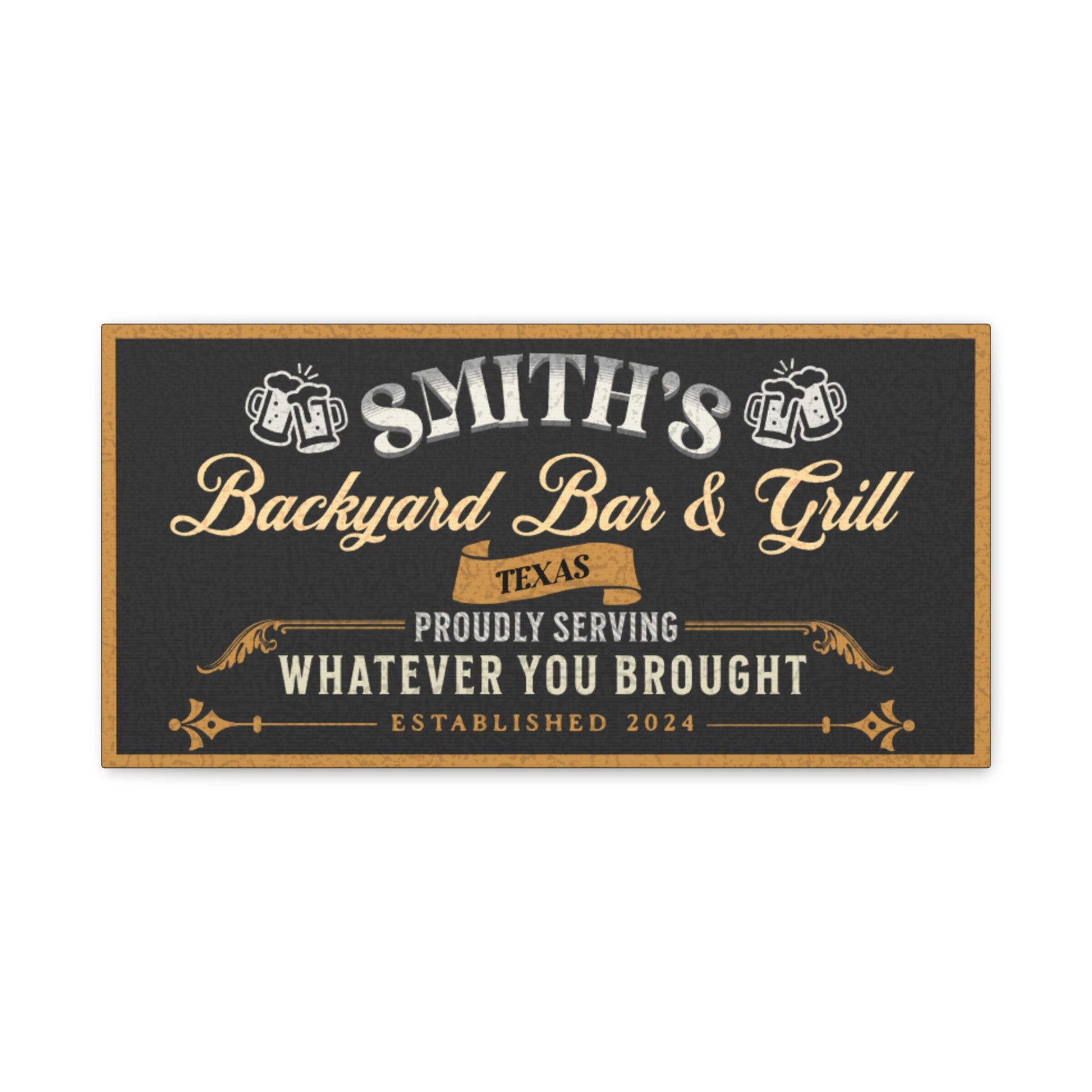 Personalized Vintage Bar Sign with Black Textured Background and Yellow and White text front view