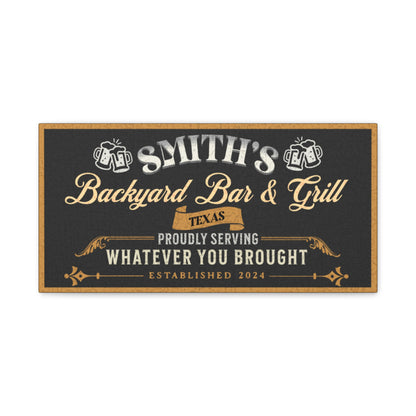 Personalized Vintage Bar Sign with Black Textured Background and Yellow and White text front view
