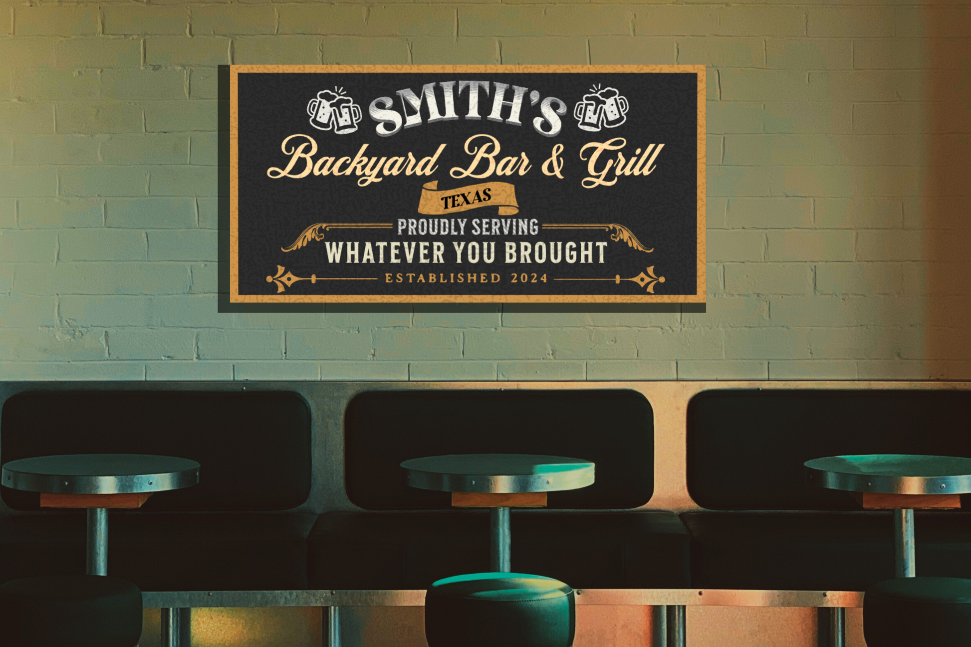 Personalized Vintage Bar Sign with Black Textured Background and Yellow and White text in a bar