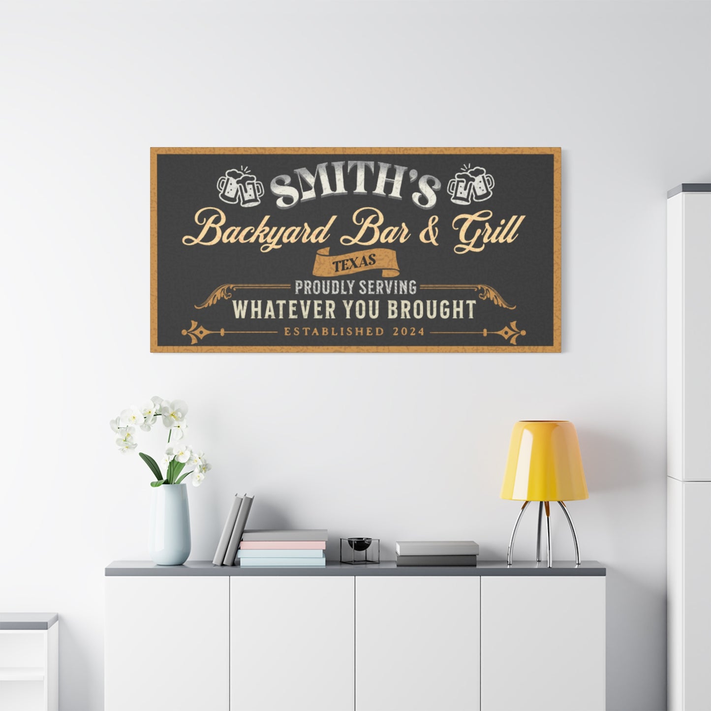 Personalized Vintage Bar Sign with Black Textured Background and Yellow and White text on a wall