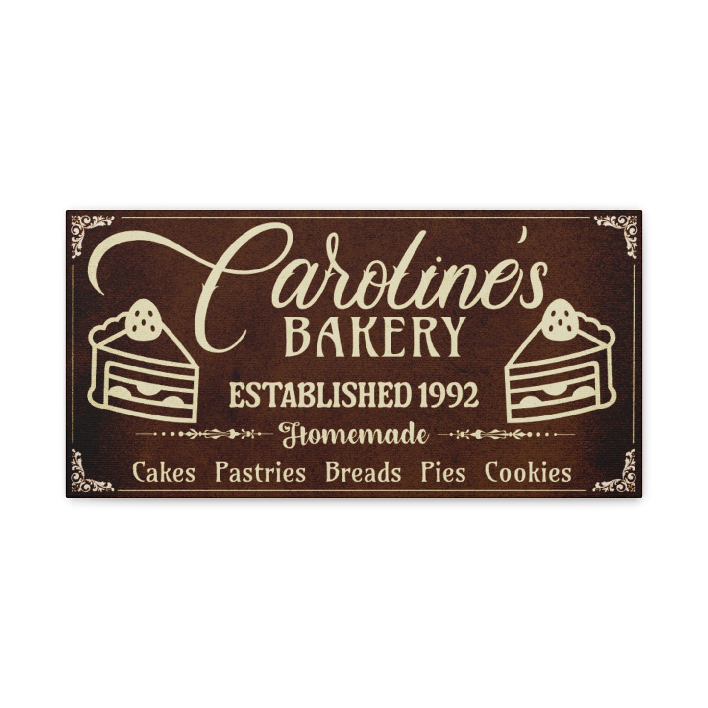 Textured Vintage brown bakery sign with beige text customized front view