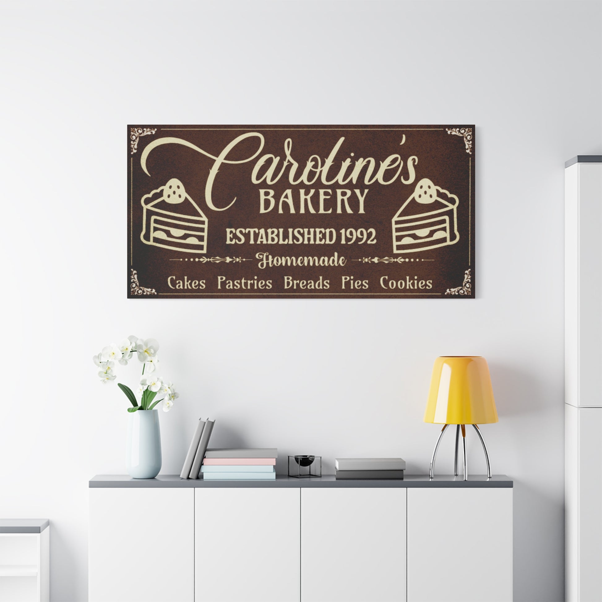 Textured Vintage brown bakery sign with beige text customized on a wall