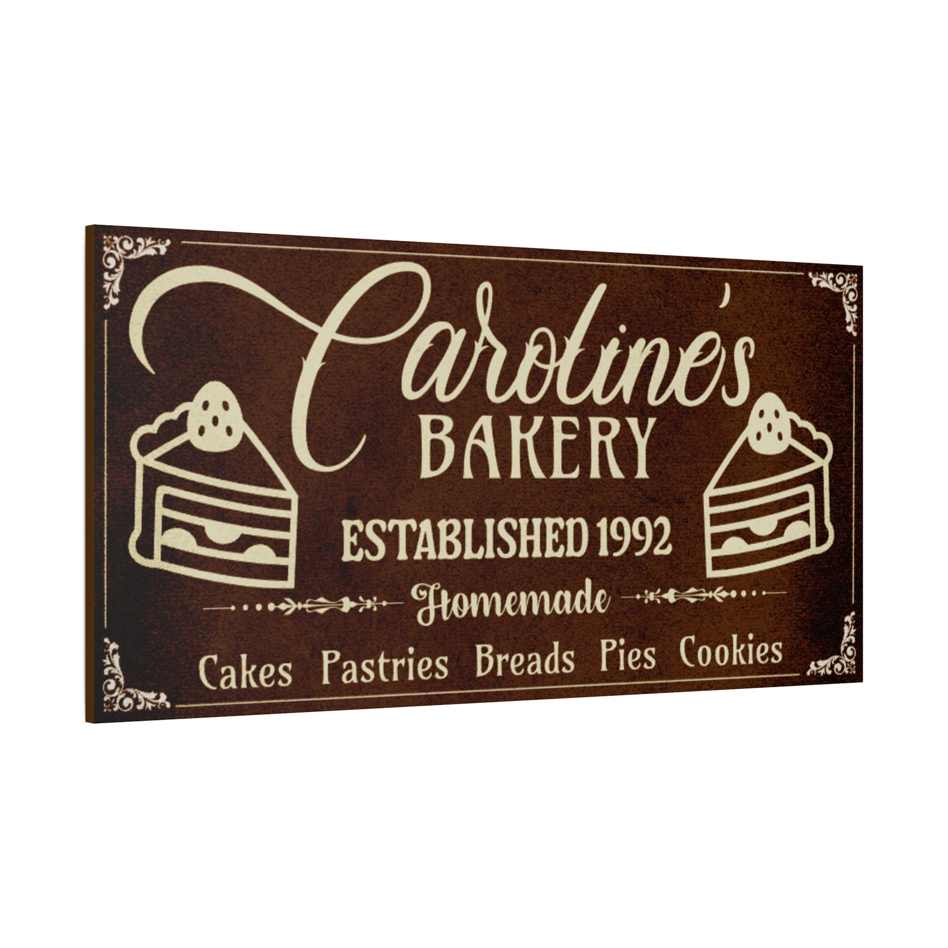 Textured Vintage brown bakery sign with beige text customized side view