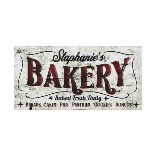 Textured Vintage style white background personalized bakery sign with red text front view