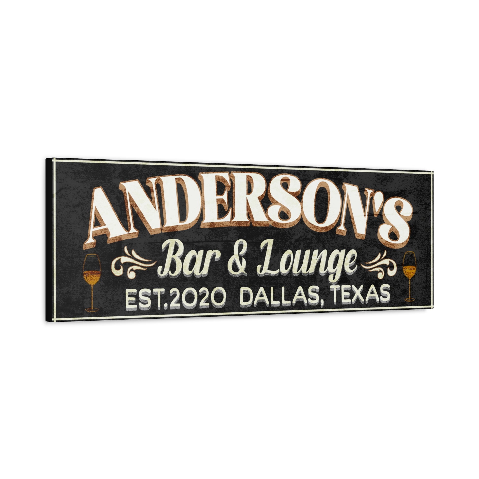 Textured rustic vintage black customized bar sign horizontal side view